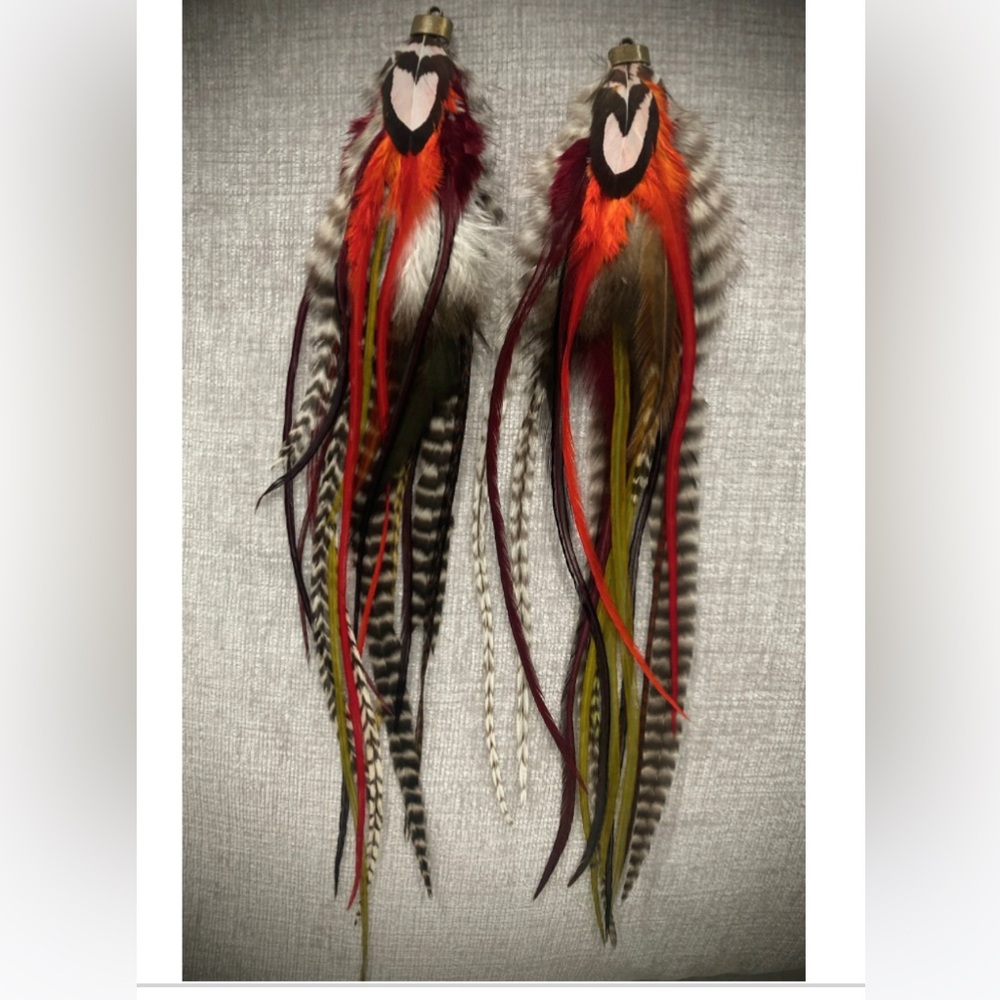 Feather Earrings, Brown, Black, White, Orange, Green, Burgundy, Grey